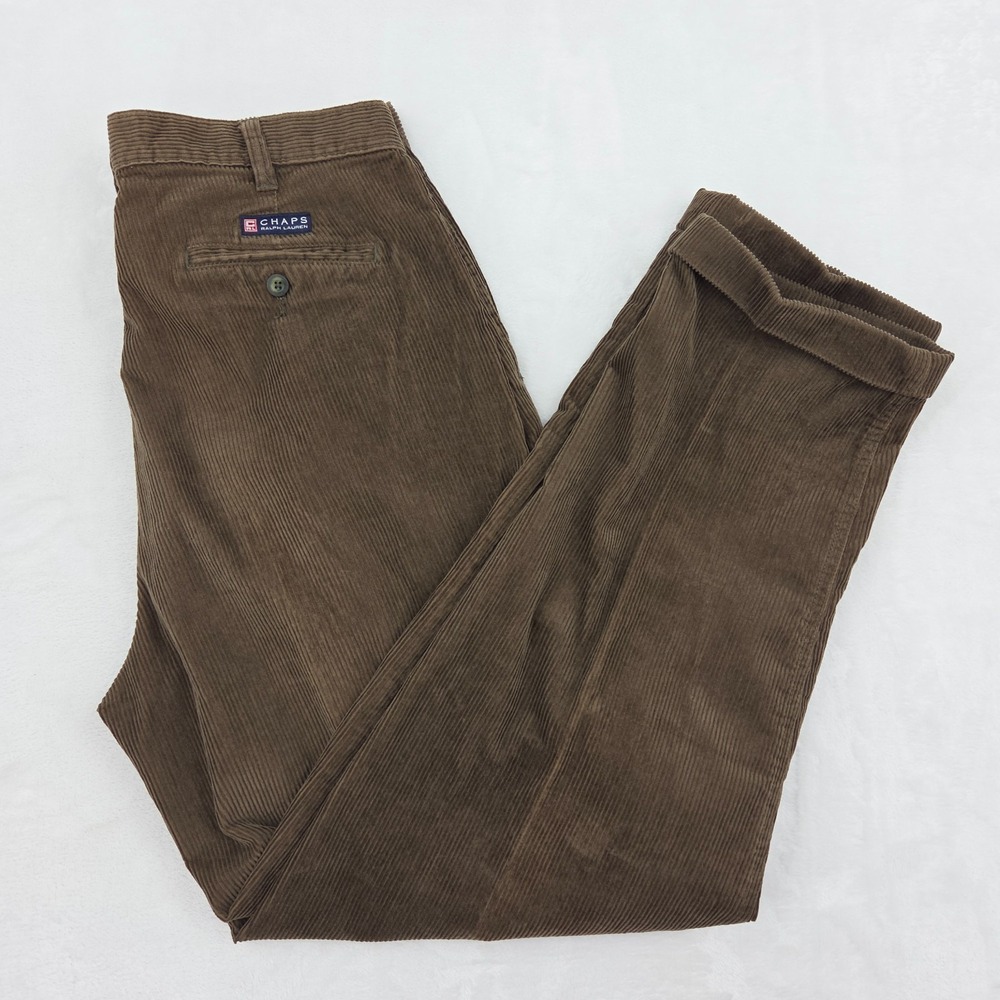 VTG 90s Y2K Chaps Ralph Lauren Brown Corduroy Pleated Pants Tag 36x32 Fits 35x31